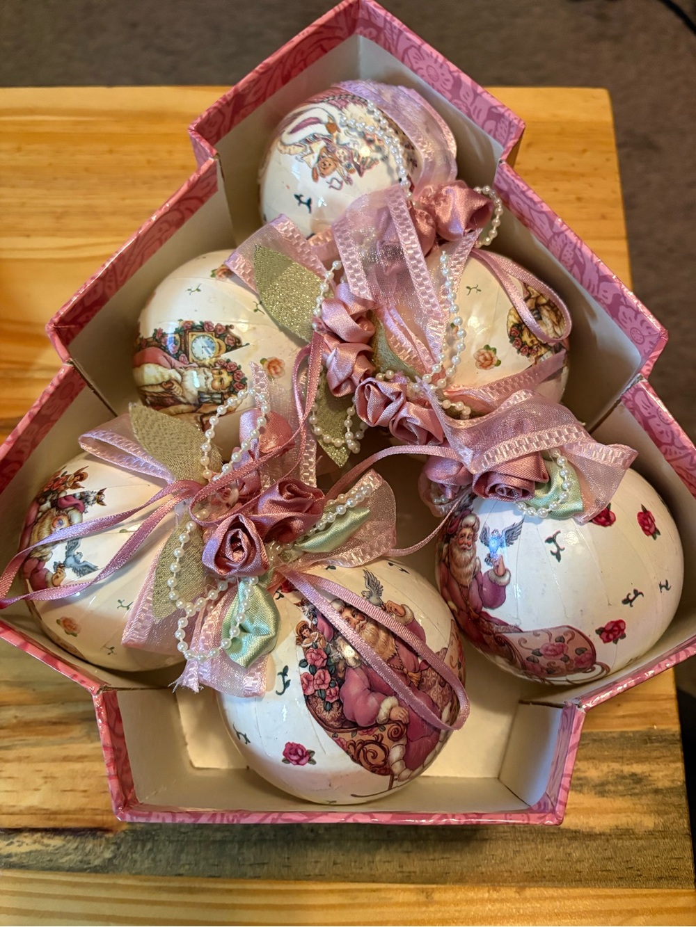 Vintage Dillards Pink Decorative Holiday Ornament Set Elegant Floral ALMOST NEW